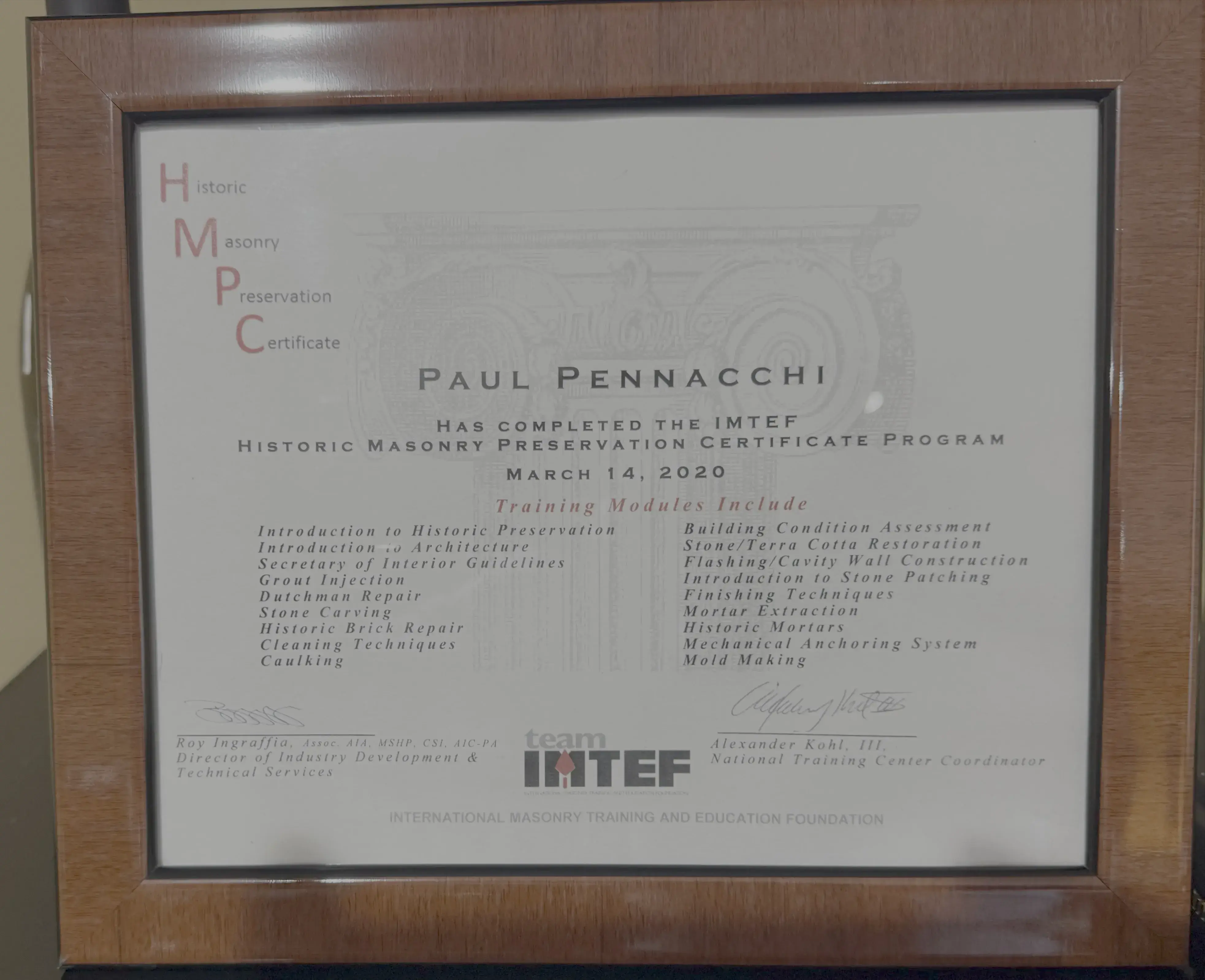 Historic Masonry Preservation Certificate - Paul Pennacchi